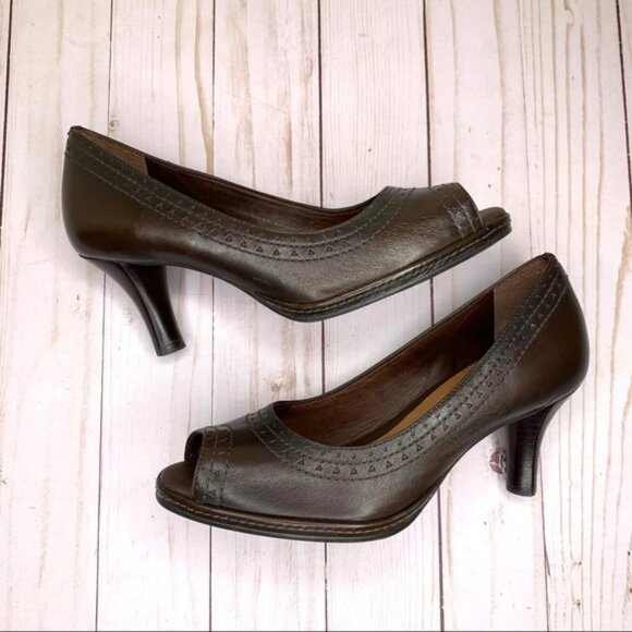 Brown Nurture Peep Toe Leather Heels ‘Sally’ Pump Stitched Detail Open Toe 6 - Picture 1 of 8